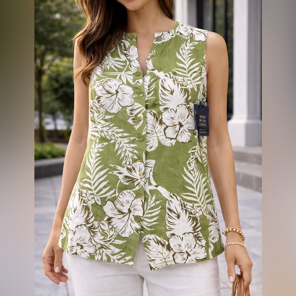 RACHEL Rachel Roy Olive Green & White Sleeveless Floral Button-Down Top